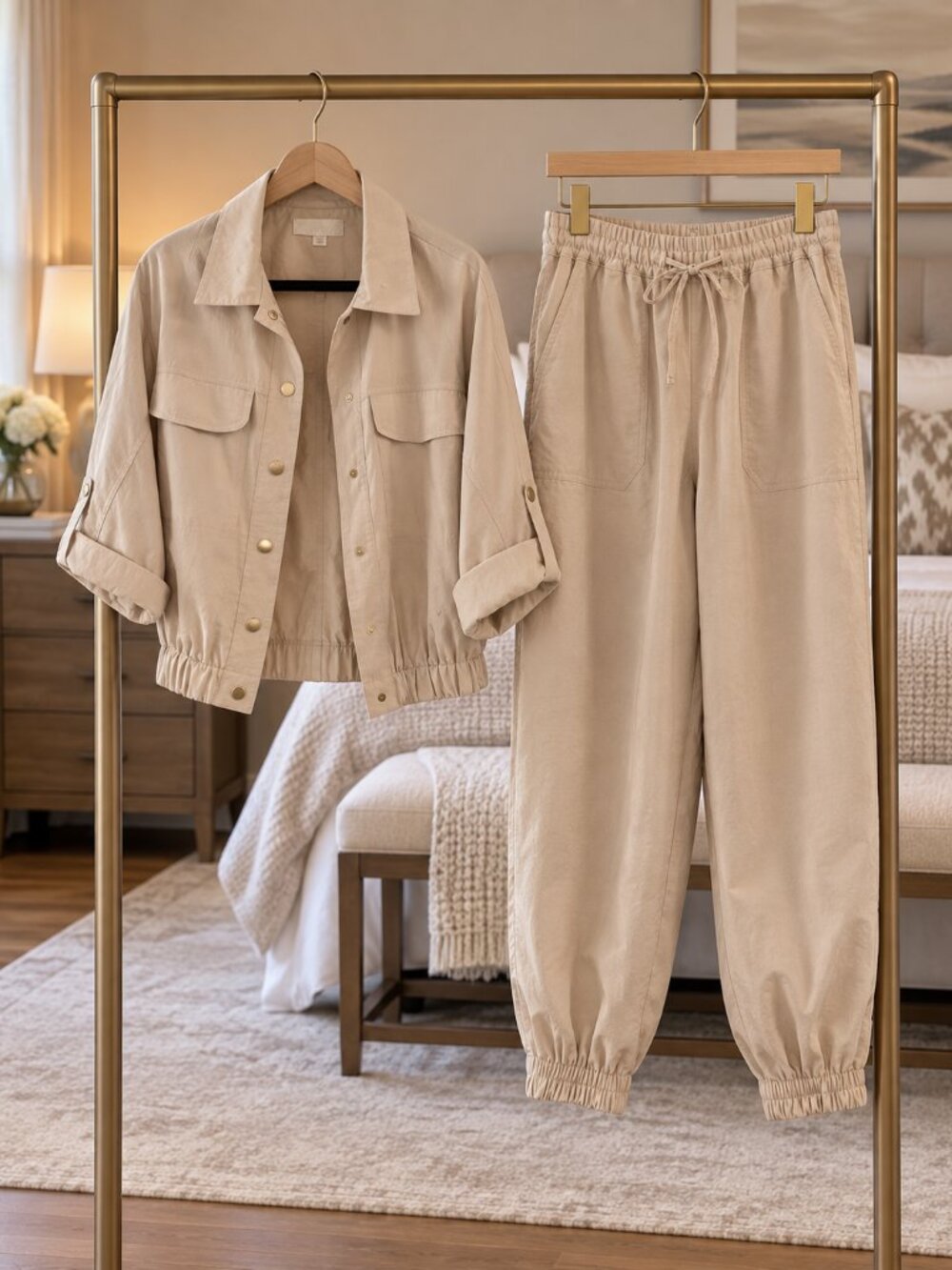 Zara XS Beige Parachute Utility Jacket & Jogger Pant Set